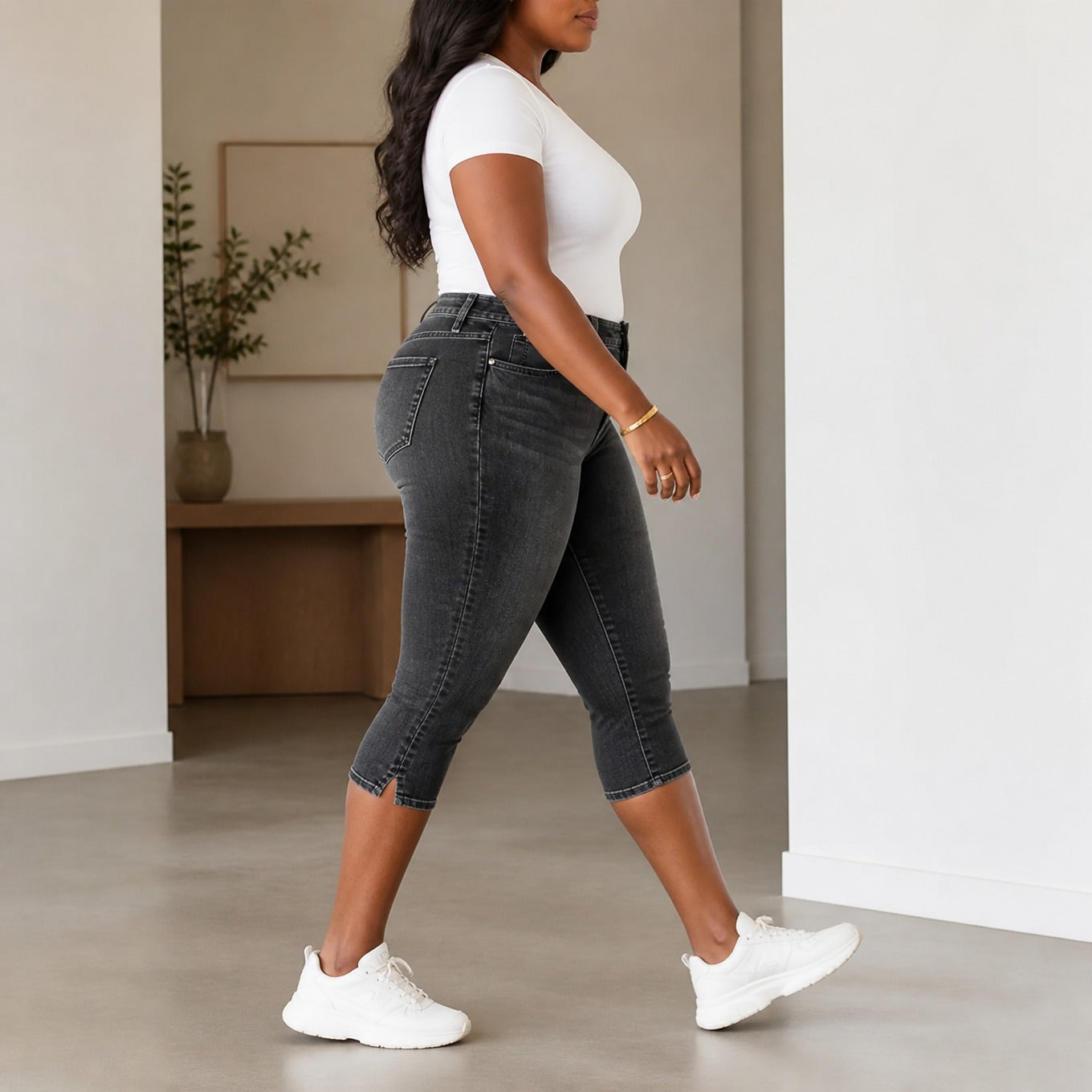 Flattering High-Waist Stretch Denim Capris — View 3 | Clova