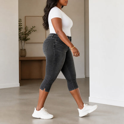 Flattering High-Waist Stretch Denim Capris — View 3 | Clova