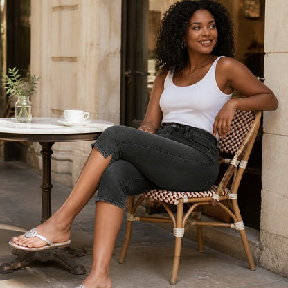 Flattering High-Waist Stretch Denim Capris — View 4 | Clova