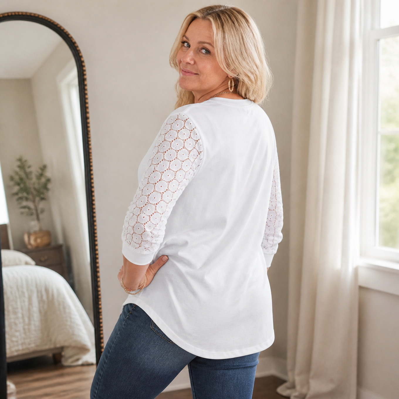 Crochet Lace Sleeve V-Neck Top — View 5 | Clova