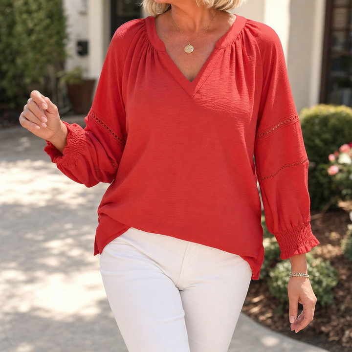 Lantern Sleeve V-Neck Blouse | Clova Women&