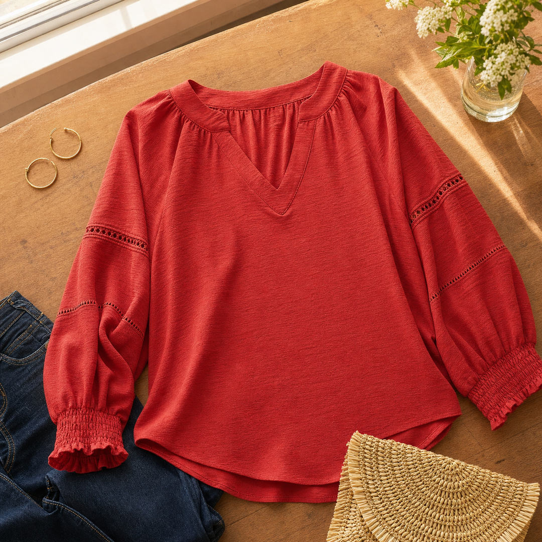 Lantern Sleeve V-Neck Blouse — View 6 | Clova