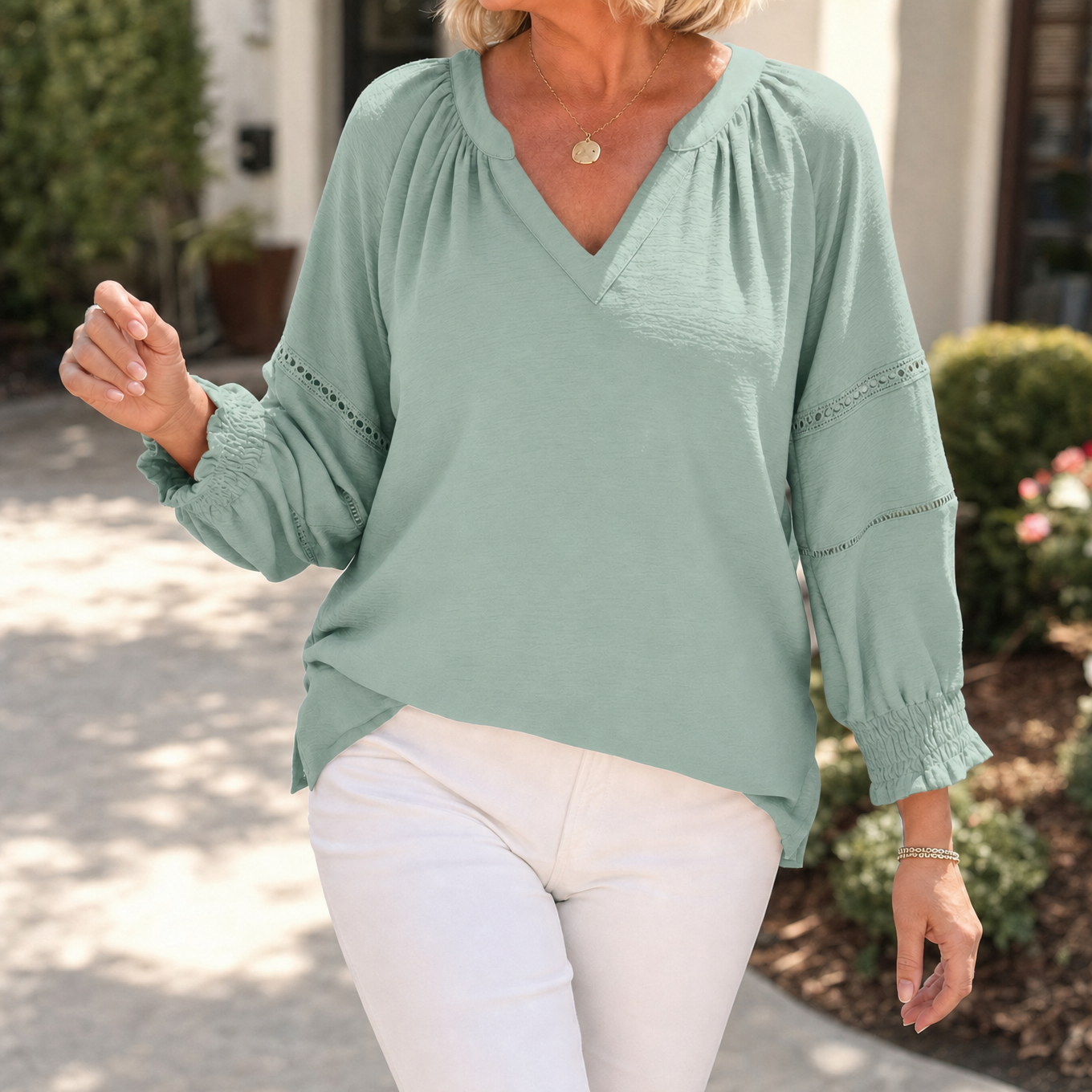 Lantern Sleeve V-Neck Blouse — View 12 | Clova