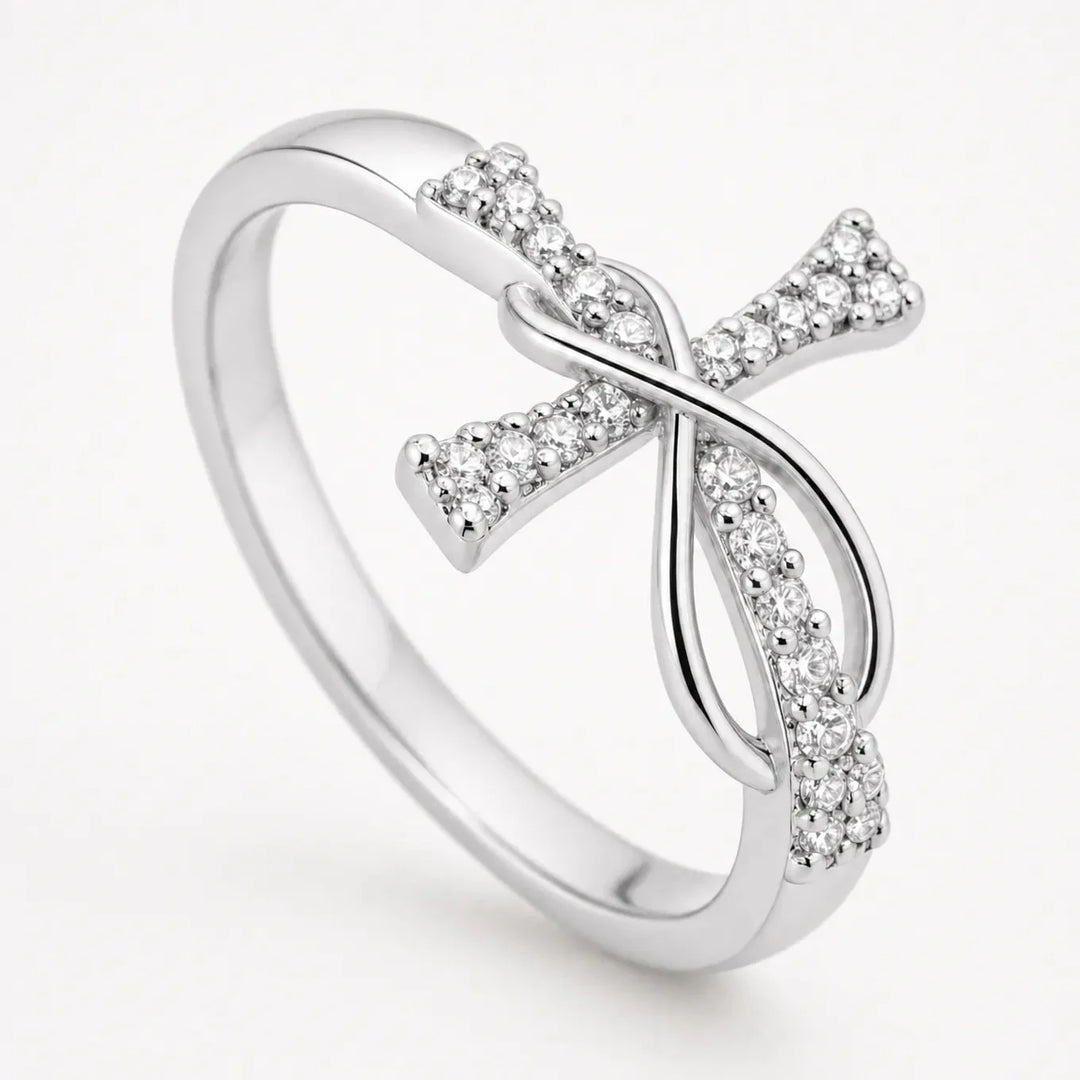 Mobius Cross Ring with Pavé Stones, Gold or Silver