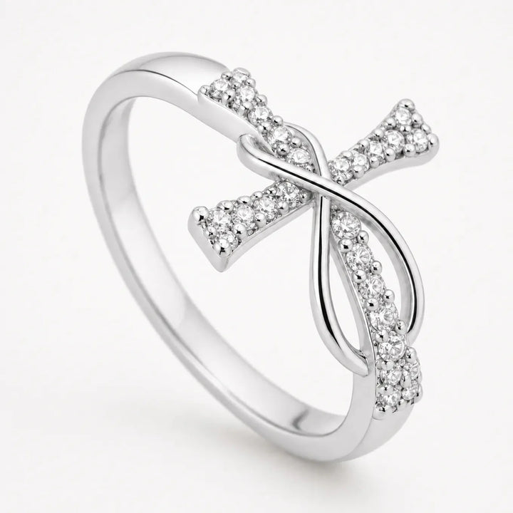 Mobius Cross Ring with Pavé Stones, Gold or Silver