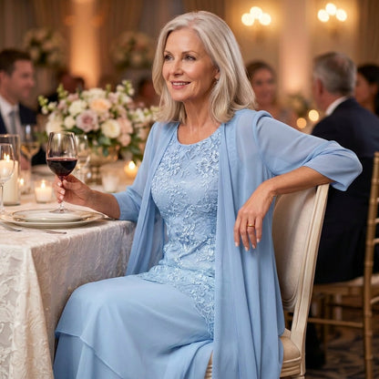 Elegant Lace and Chiffon Dress Set — View 5 | Clova