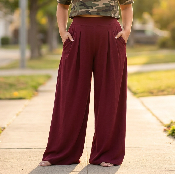 Flowy Pleated Palazzo Pants for Curvy Comfort | Clova Women's Fashion