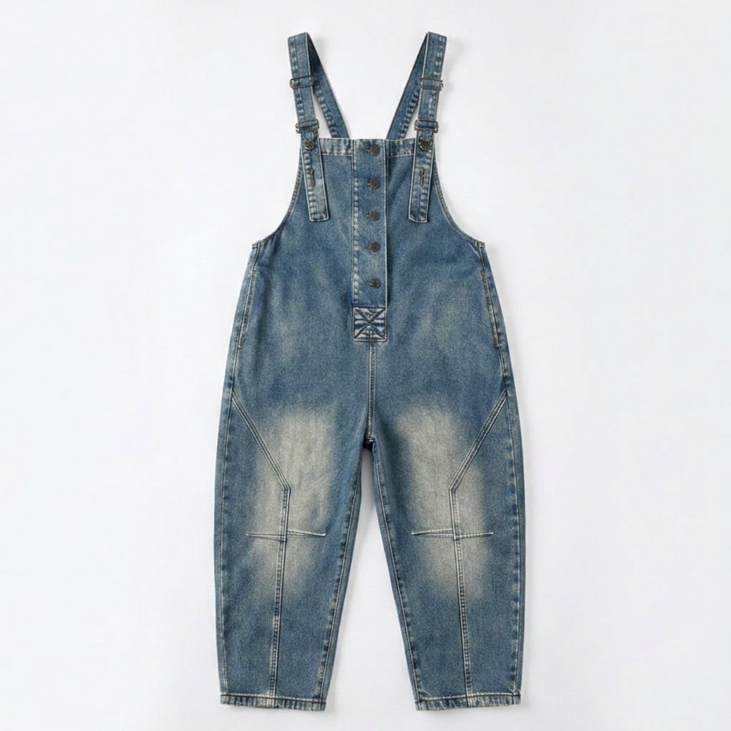 Button-Front Tapered Denim Overalls — View 13 | Clova