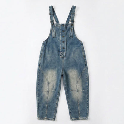 Button-Front Tapered Denim Overalls — View 13 | Clova