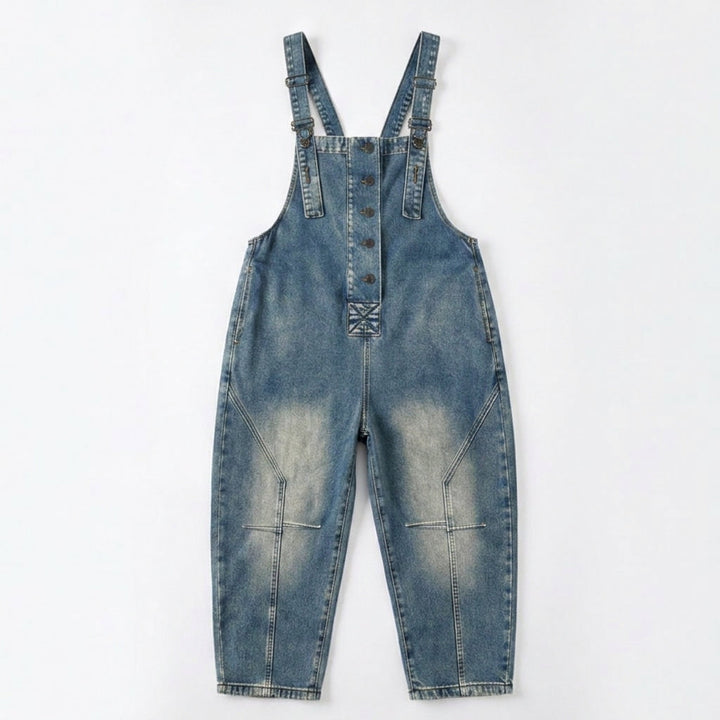 Button-Front Tapered Denim Overalls — View 13 | Clova