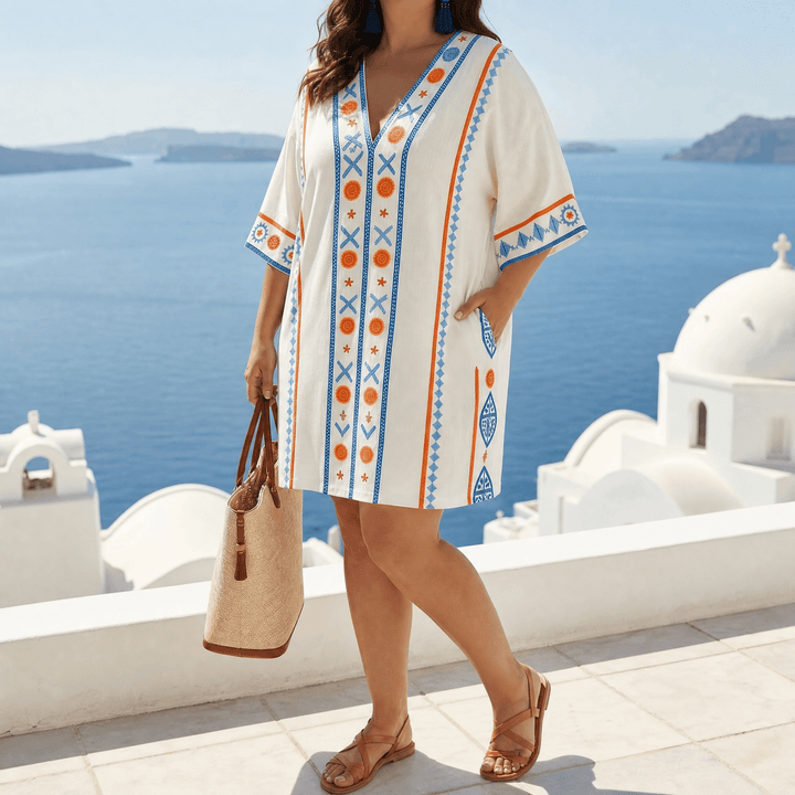 Sienna Embroidered Kaftan Mini Dress for Vacation — View 14 | Clova