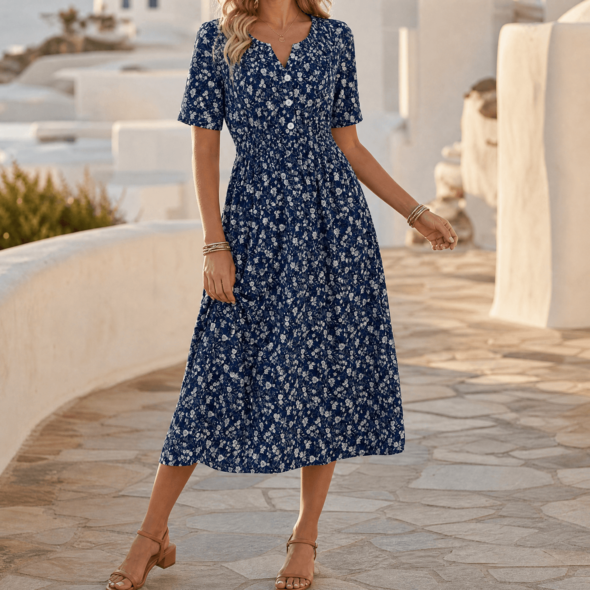 Soléra - Floral V-Neck Midi Dress with Pockets — View 15 | Clova