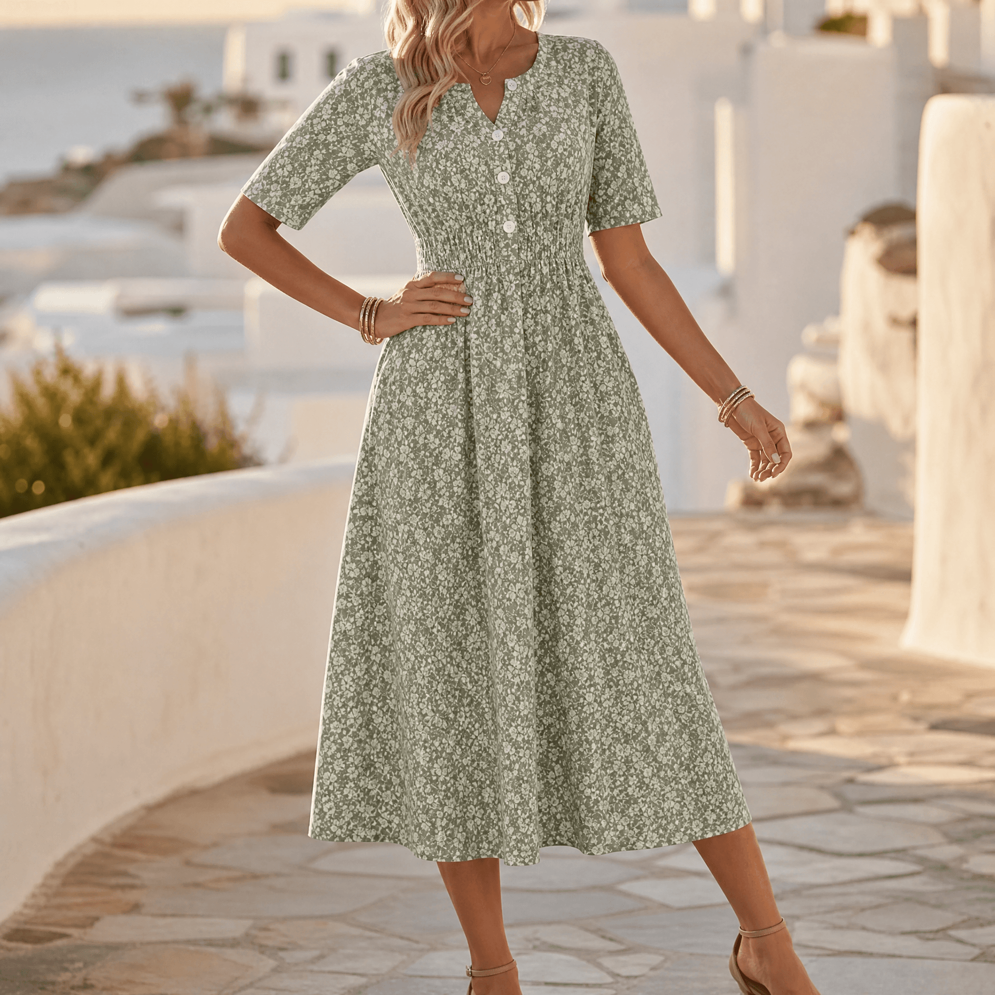 Soléra - Floral V-Neck Midi Dress with Pockets — View 12 | Clova