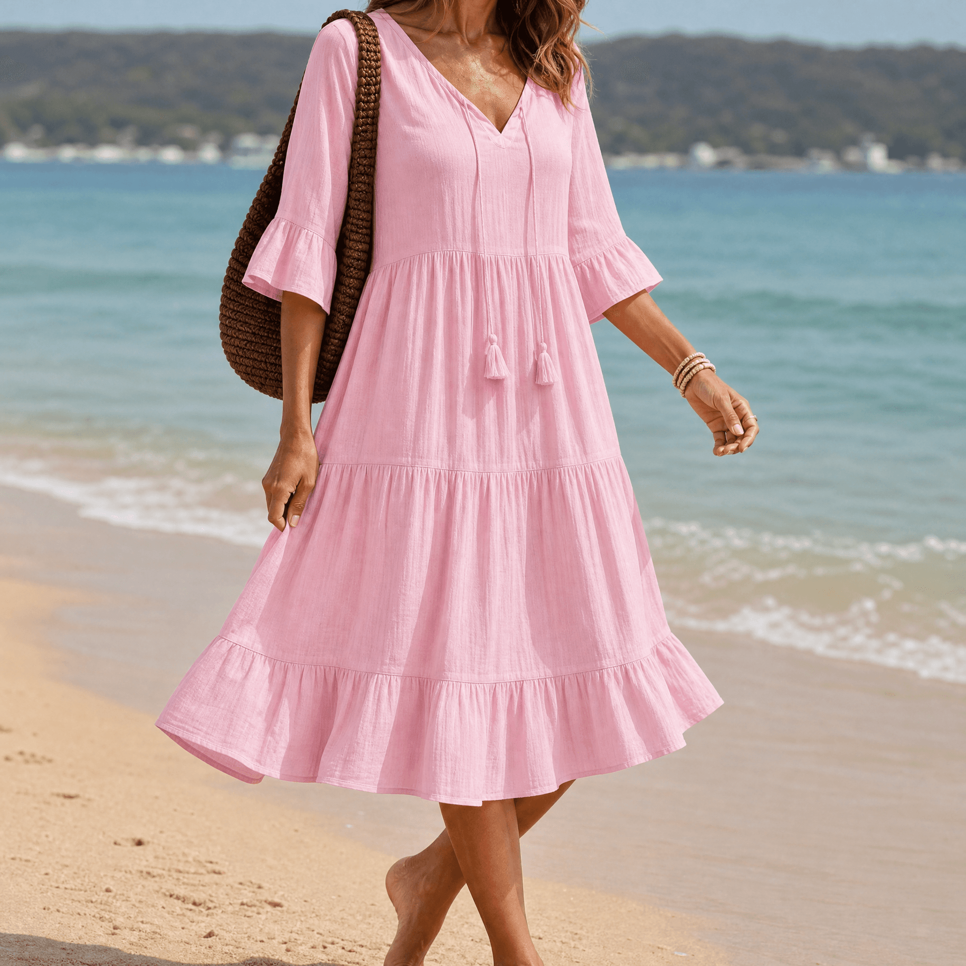 Breezy V-Neck Cotton Dress — View 16 | Clova