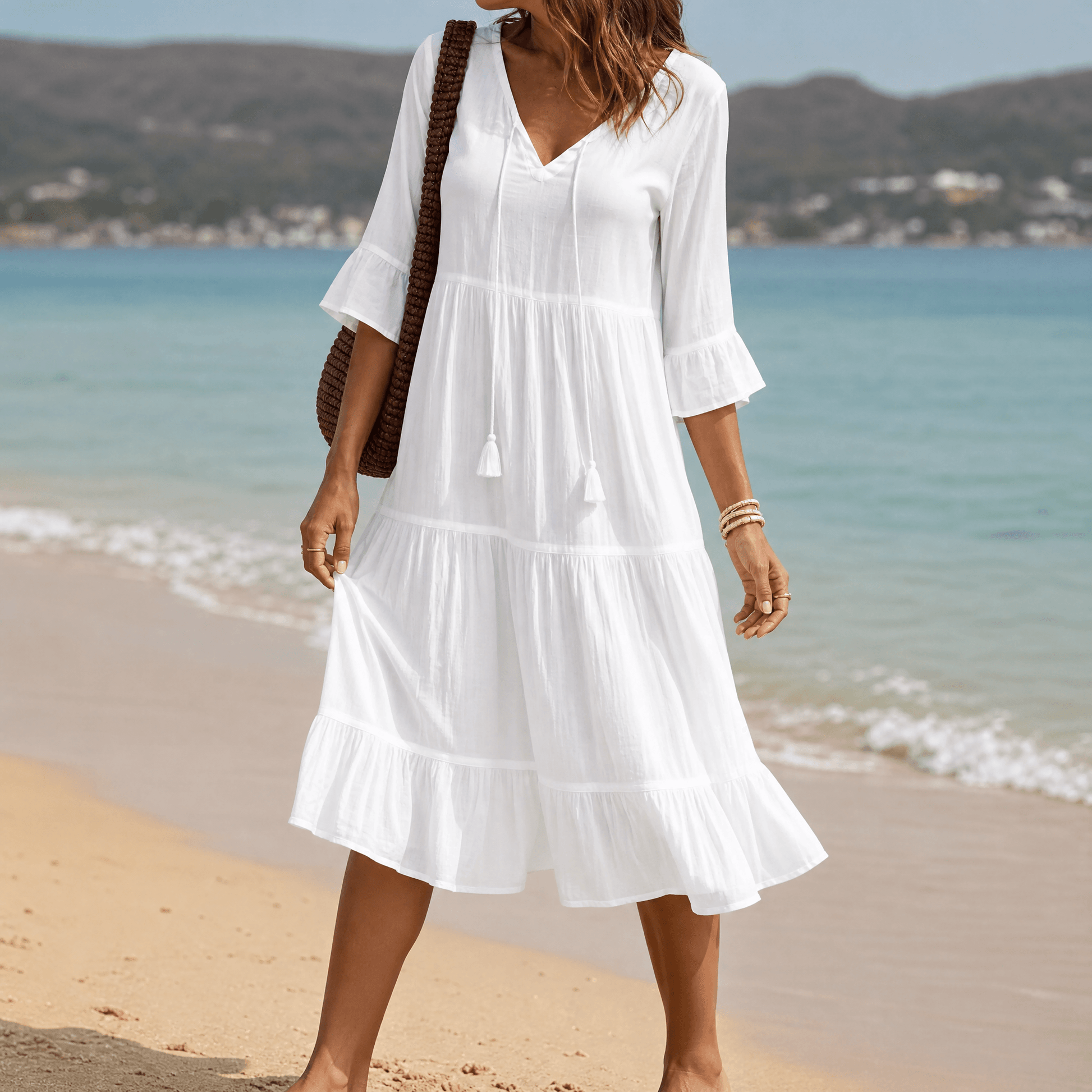 Breezy V-Neck Cotton Dress — View 11 | Clova