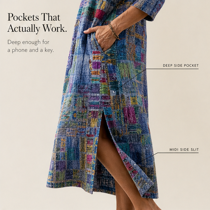 Painterly Patchwork Midi Dress — View 7 | Clova
