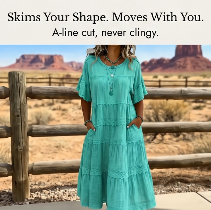 Sundara Tiered Lace Midi Dress with Hidden Pockets — View 12 | Clova