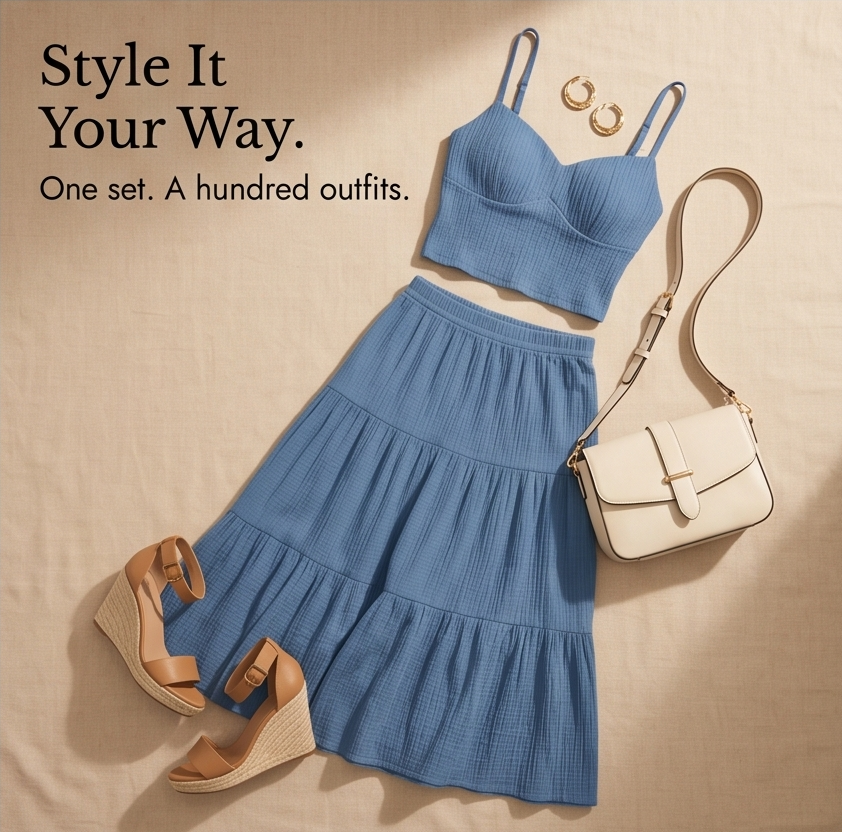 Solavie Tiered Maxi Skirt & Cami Matching Set — View 11 | Clova